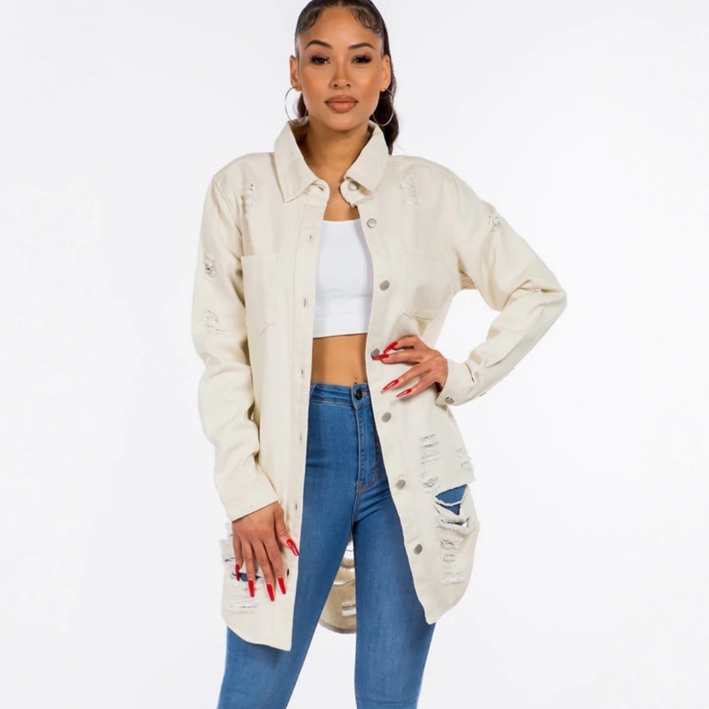 Distressed Long Denim Shirt Jacket by American Bazi